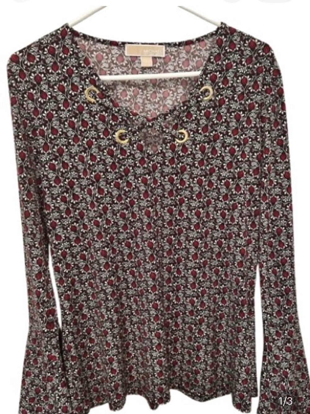 Michael, Michael Kors Black/Red Floral Long Bell Sleeve Size Large Blouse